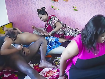 Hot Indian curvy babes realize down and dirty in a wild nuptial sex party