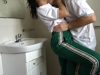 Daniela Chic & her college girl pal get obstructed & banged in bathroom apart from Mexican college girl