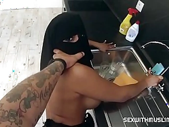 Big-titted Muslim wifey gets her cock-squeezing kitchen screwed while dressed in a hijab