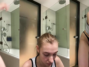 Jucielussie's tight pussy gets pounded hard in be transferred to motel bathroom by a hard beaver