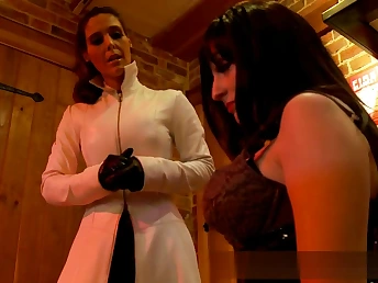 Horn-mad looking ladies getting naked and exposing their fine boobs